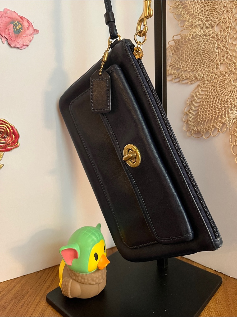 Coach NavyY2k Leather Turnlock Wristlet Bag - Gold Hardware